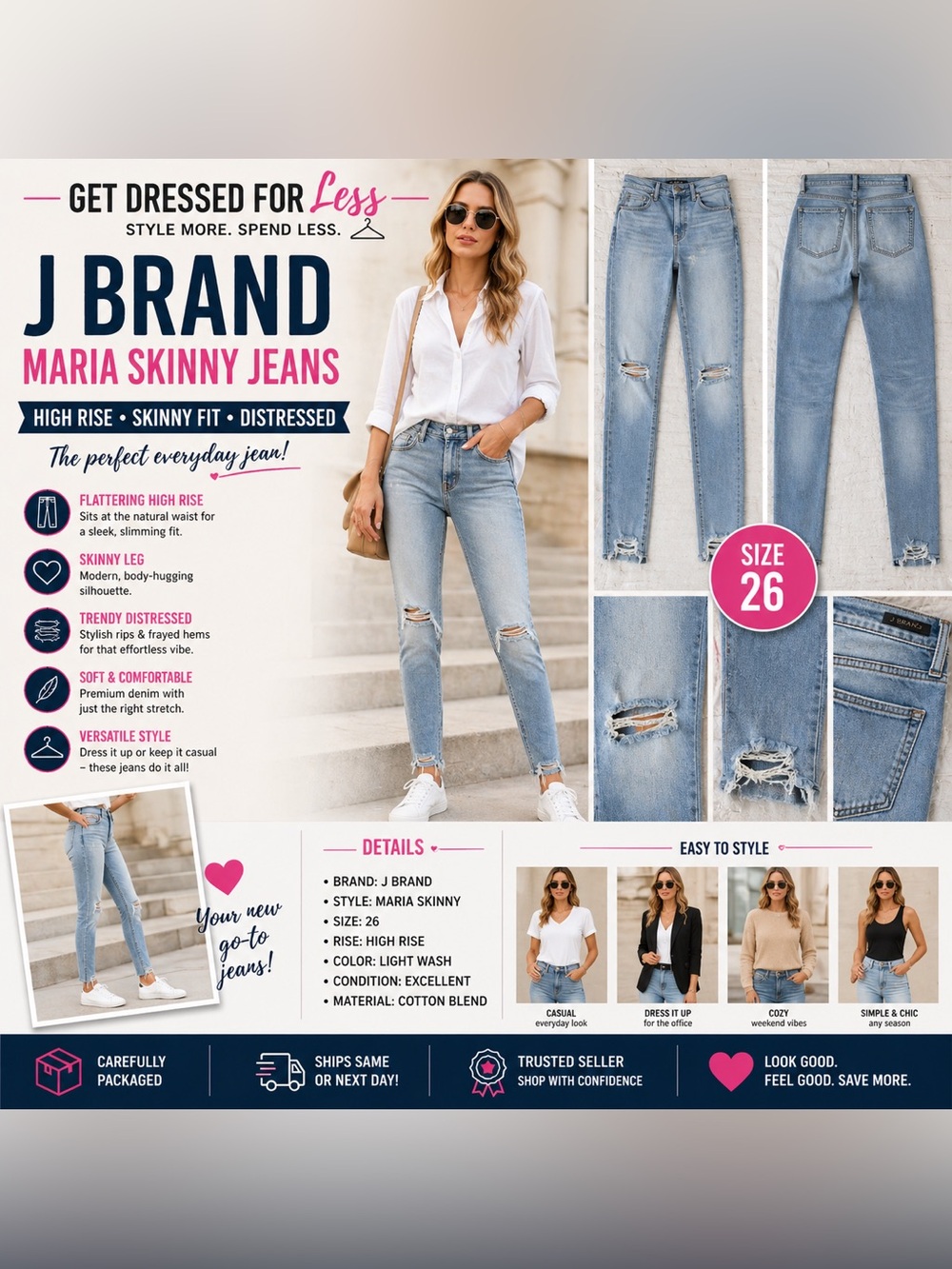 J Brand Maria Skinny Jeans Size 26 High Rise Distressed Light Wash Denim - Picture 2 of 14